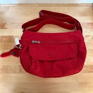 Kipling Vibrant Red Crossbody Bag with Front Flap and Monkey Charm